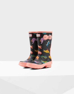 Kids' Hunter Original Big Sea Monster Print Wellington Short Rain Boots Pink/Black | US1923065