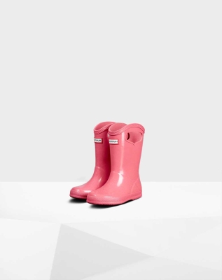 Kids' Hunter Original First Classic Grab Handle Gloss Wellington Short Rain Boots Pink | US3748915