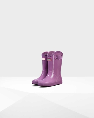 Kids' Hunter Original First Classic Grab Handle Gloss Wellington Short Rain Boots Pink | US9048176