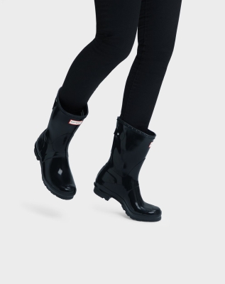 Women's Hunter Original Back Adjustable Gloss Short Rain Boots Black | US6427081