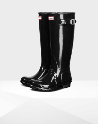 Women's Hunter Original Gloss Wellington Tall Rain Boots Black | US4105679