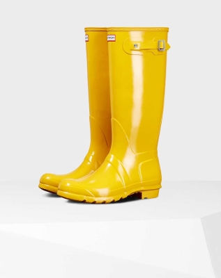 Women's Hunter Original Gloss Wellington Tall Rain Boots Yellow | US6459310