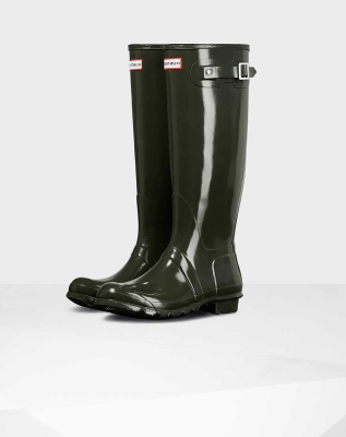 Women's Hunter Original Gloss Wellington Tall Rain Boots Green | US9614023