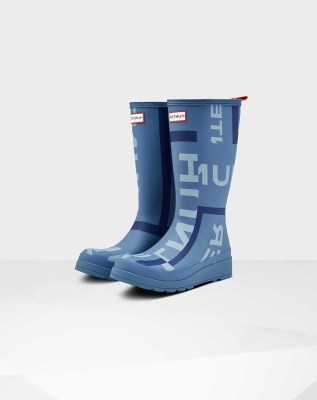 Women's Hunter Original Play Exploded Logo Wellington Tall Rain Boots Blue | US6247985