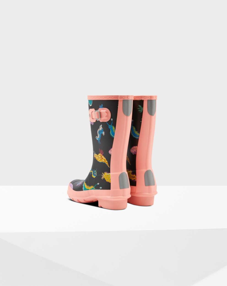 Kids' Hunter Original Big Sea Monster Print Wellington Short Rain Boots Pink/Black | US1923065