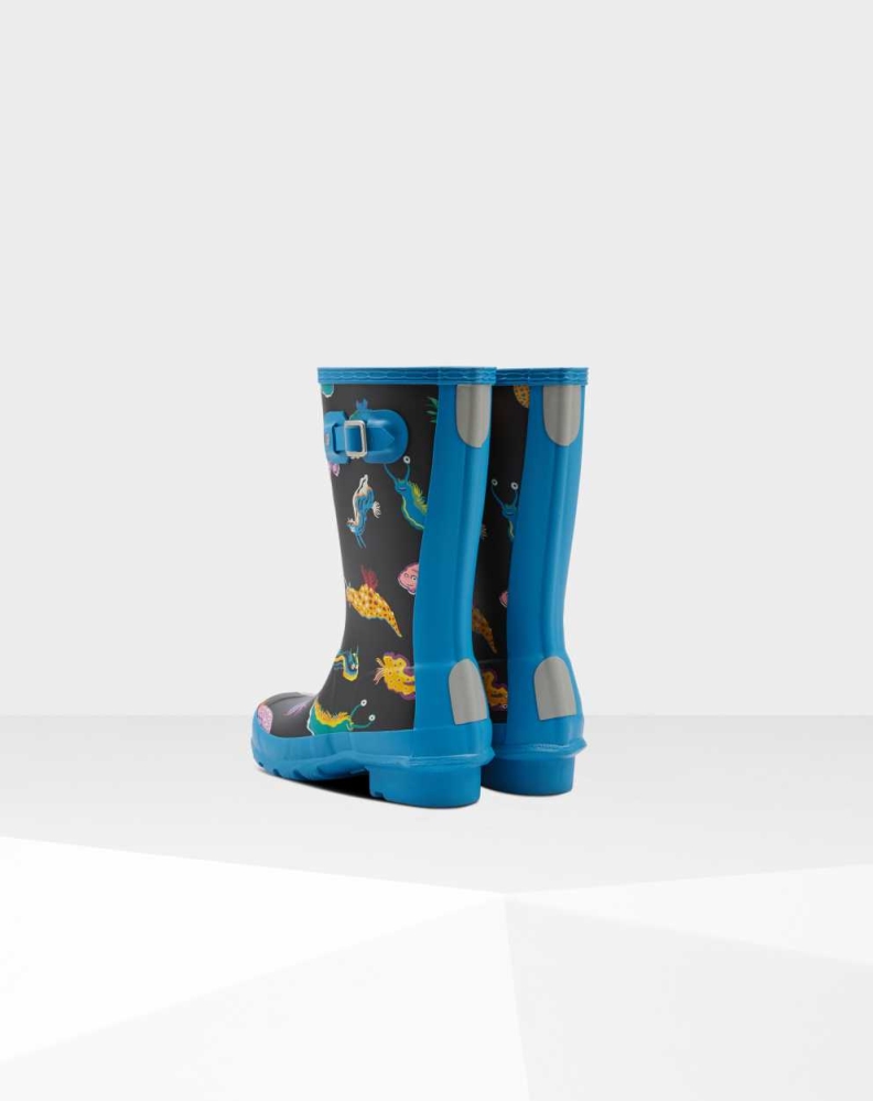 Kids' Hunter Original Big Sea Monster Print Wellington Short Rain Boots Blue | US4312076