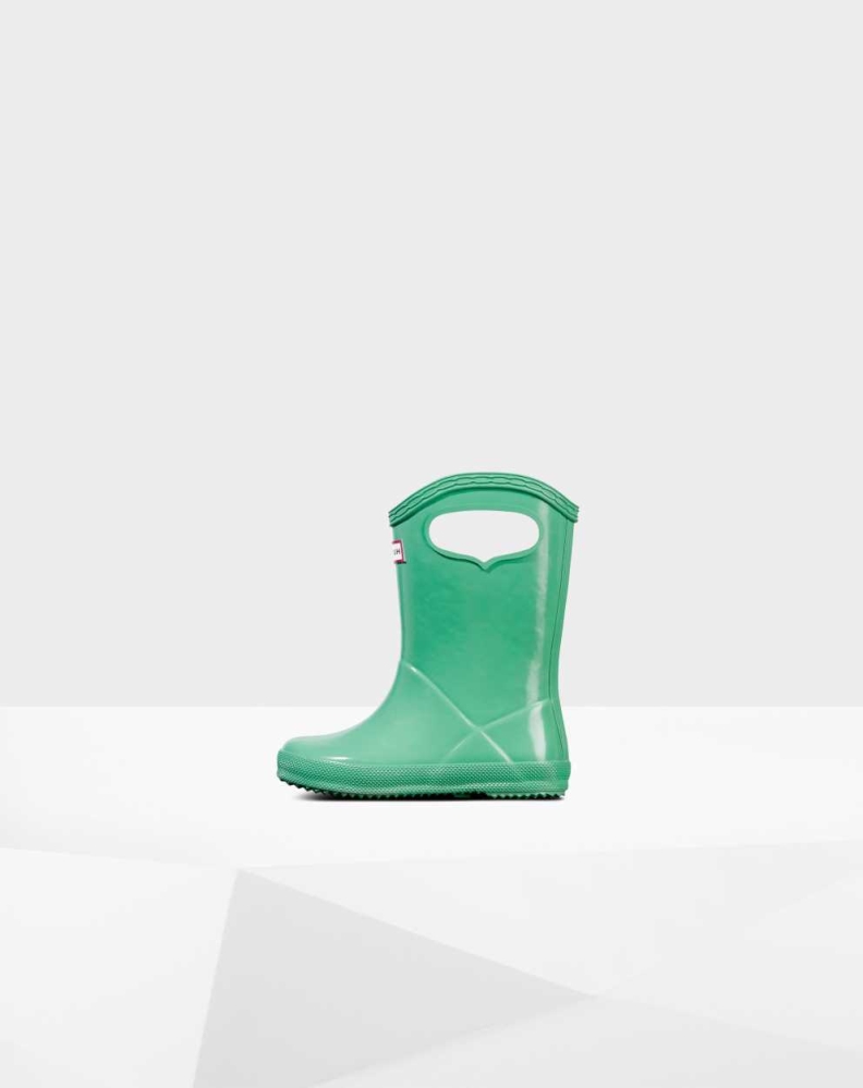 Kids' Hunter Original First Classic Grab Handle Gloss Wellington Short Rain Boots Green | US2348096