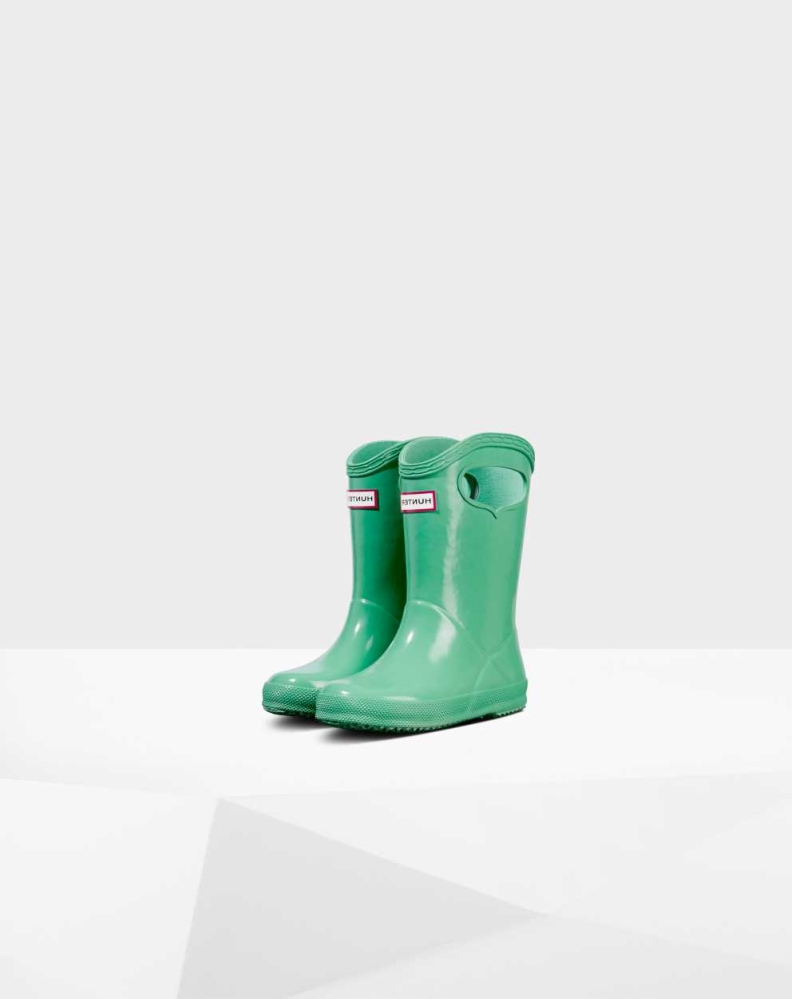 Kids\' Hunter Original First Classic Grab Handle Gloss Wellington Short Rain Boots Green | US2348096