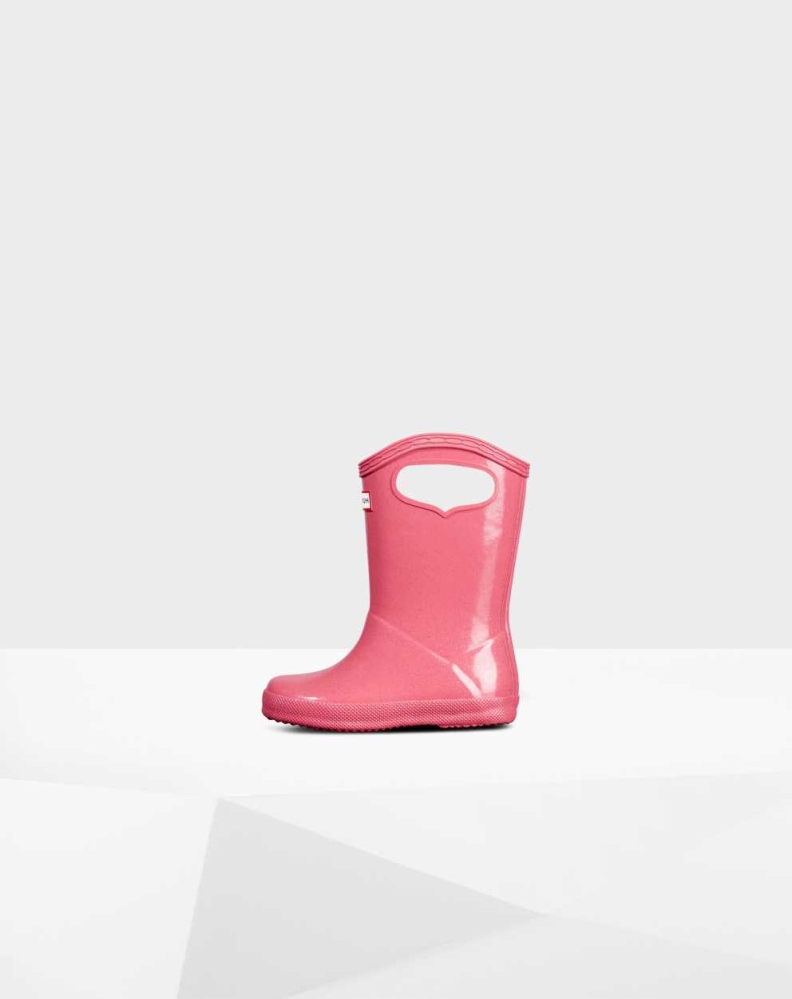 Kids' Hunter Original First Classic Grab Handle Gloss Wellington Short Rain Boots Pink | US3748915