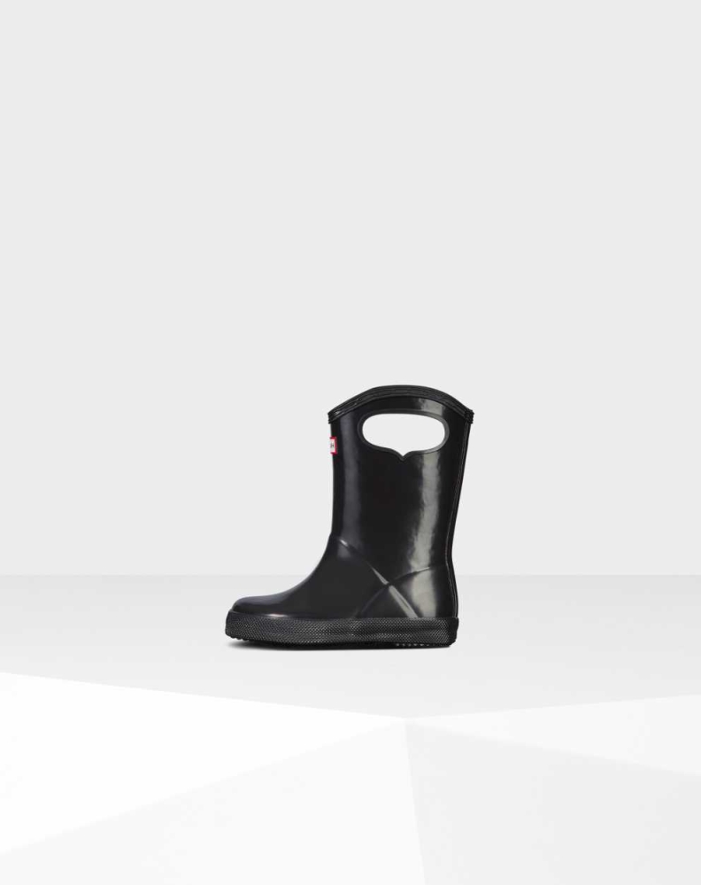 Kids' Hunter Original First Classic Grab Handle Gloss Wellington Short Rain Boots Black | US5187042