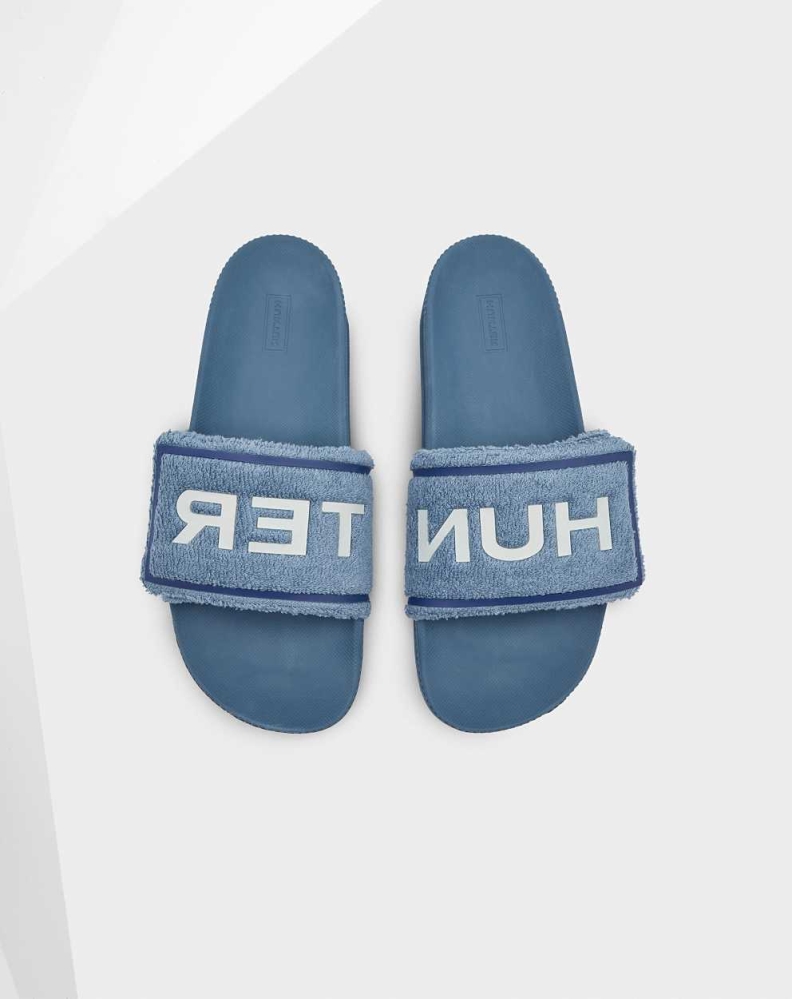 Men's Hunter Original Terry Towelling Logo Adjustable Slides Blue | US5427180