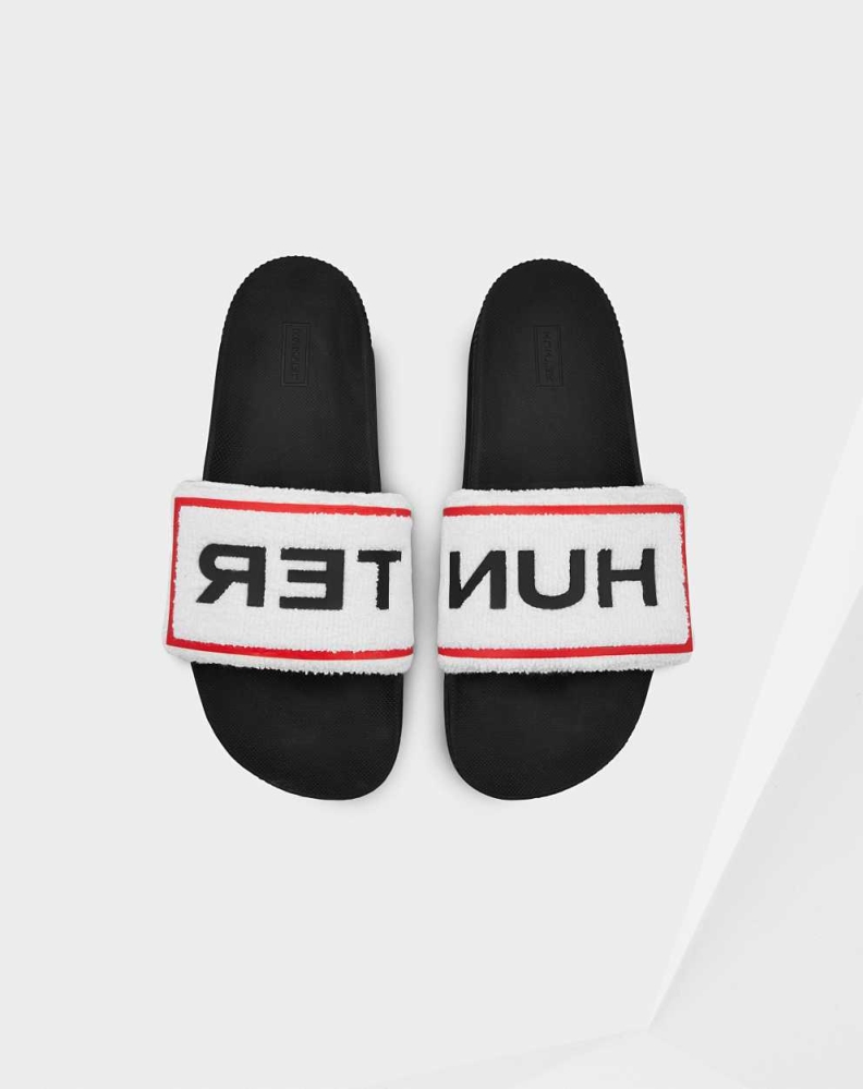 Men's Hunter Original Terry Towelling Logo Adjustable Slides White | US8536910