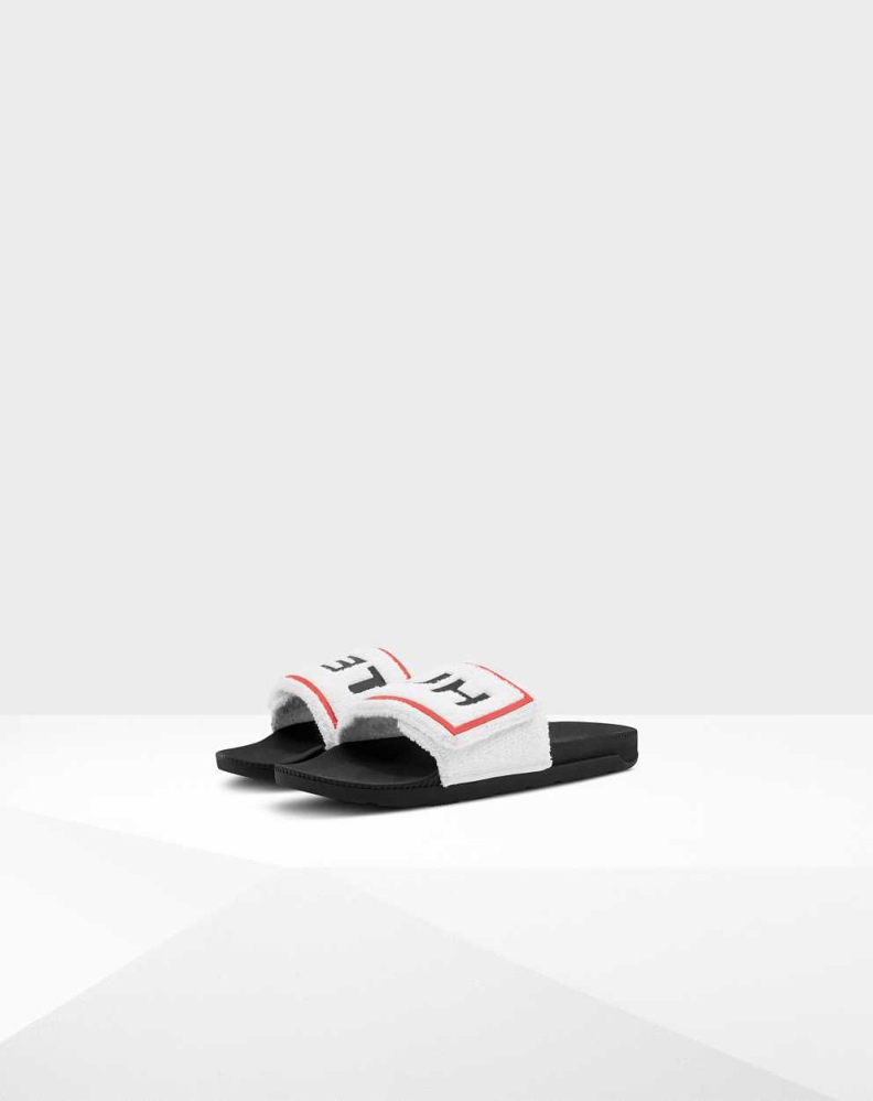 Men's Hunter Original Terry Towelling Logo Adjustable Slides White | US8536910