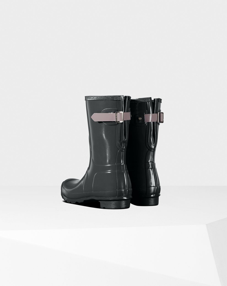 Women's Hunter Original Back Adjustable Gloss Short Rain Boots Black/Purple | US5203986