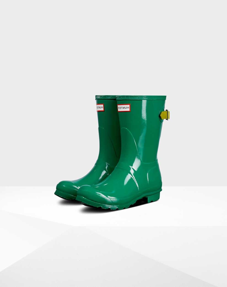 Women\'s Hunter Original Back Gloss Wellington Short Rain Boots Green | US2657081