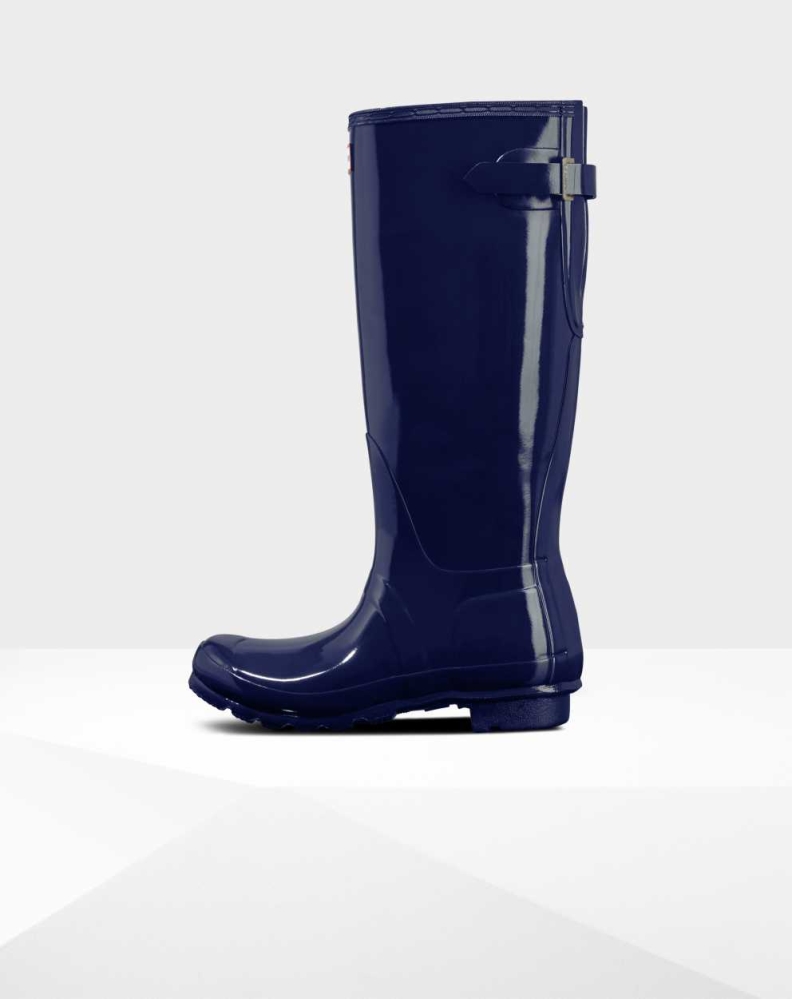 Women's Hunter Original Back Gloss Wellington Tall Rain Boots Blue | US8140297