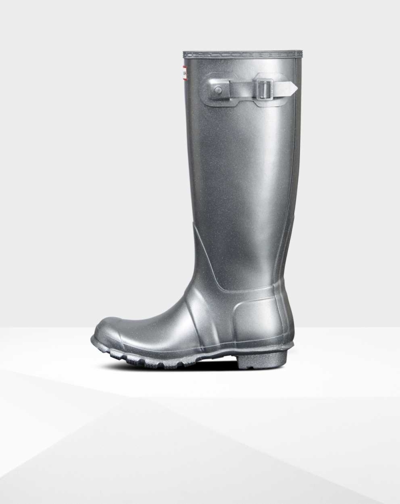 Women's Hunter Original Cosmic Glitter Wellington Tall Rain Boots Silver | US2869103