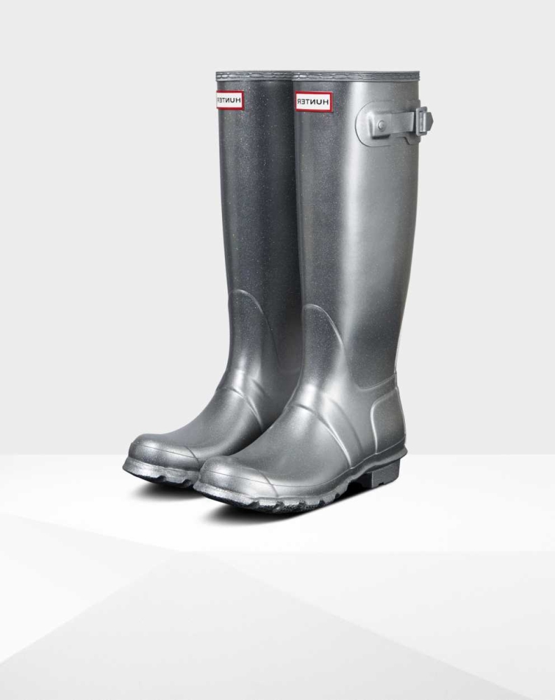 Women\'s Hunter Original Cosmic Glitter Wellington Tall Rain Boots Silver | US2869103