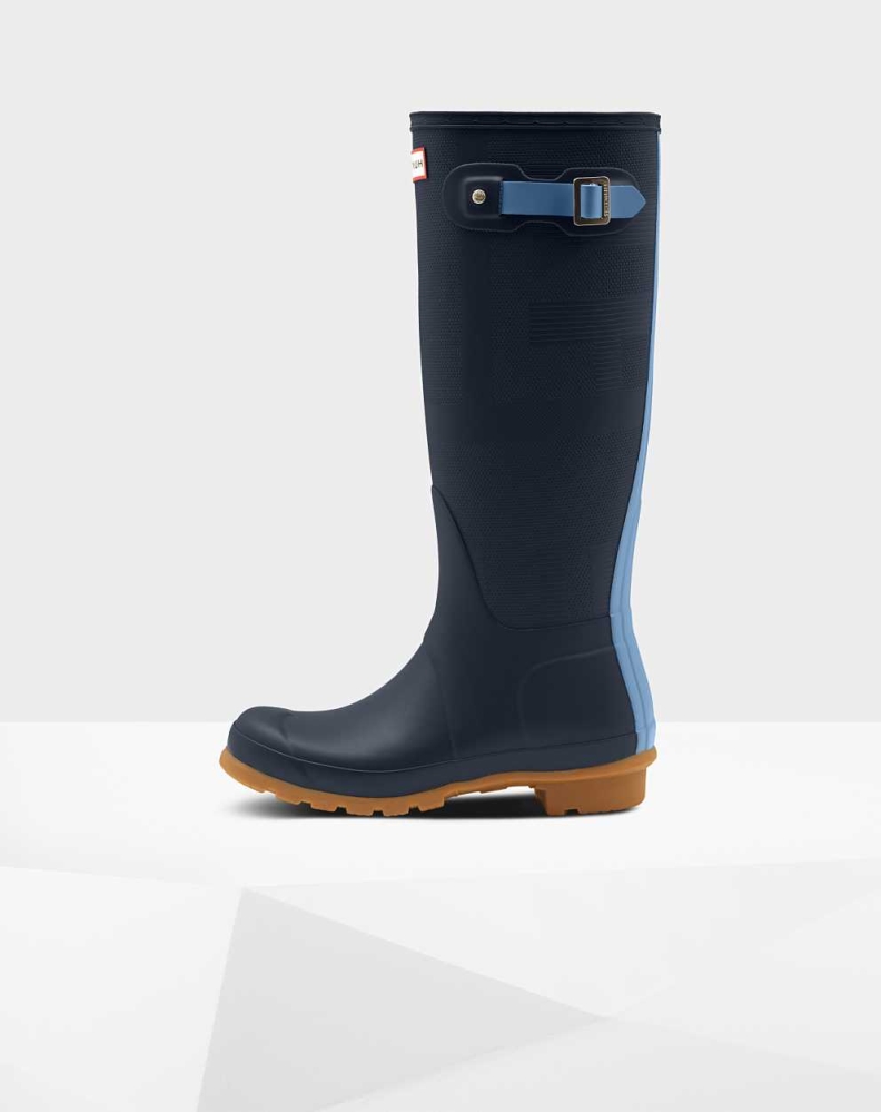 Women's Hunter Original Exploded Logo Texture Wellington Tall Rain Boots Navy | US7583926