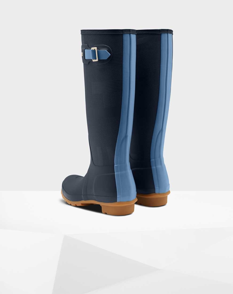 Women's Hunter Original Exploded Logo Texture Wellington Tall Rain Boots Navy | US7583926