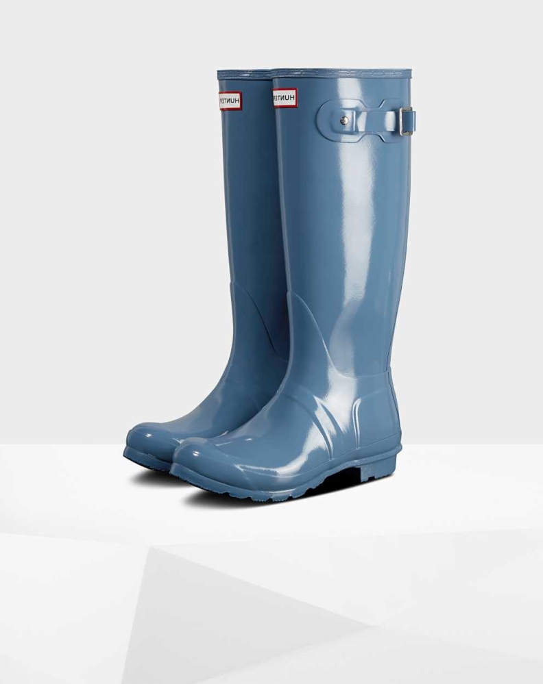 Women\'s Hunter Original Gloss Wellington Tall Rain Boots Blue | US1298735