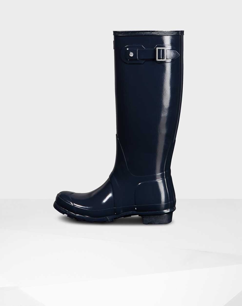 Women's Hunter Original Gloss Wellington Tall Rain Boots Navy | US1562873