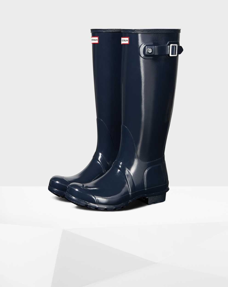 Women\'s Hunter Original Gloss Wellington Tall Rain Boots Navy | US1562873