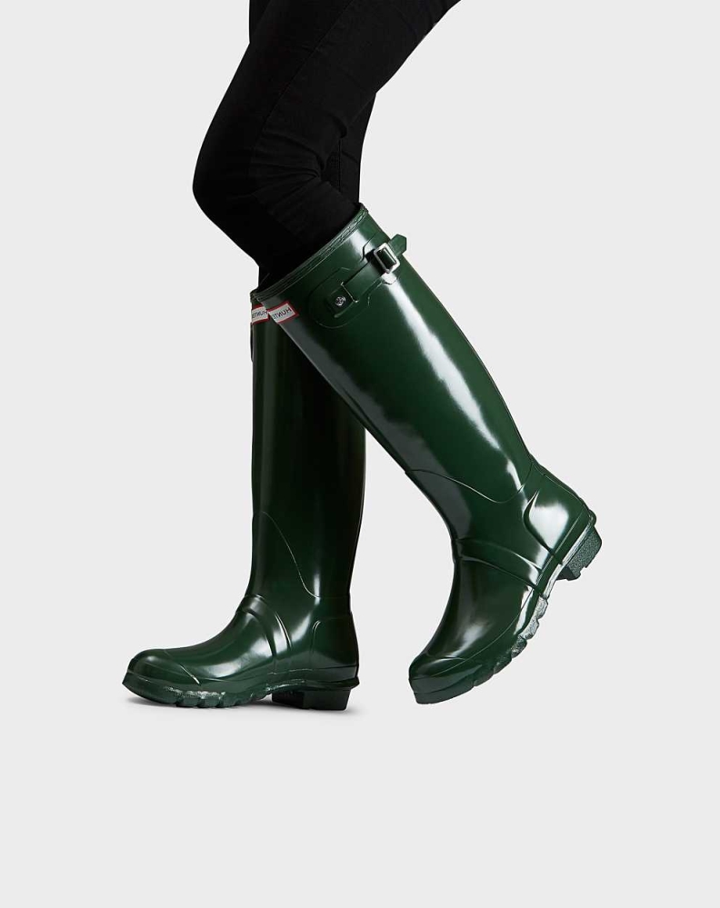 Women\'s Hunter Original Gloss Wellington Tall Rain Boots Green | US1972634