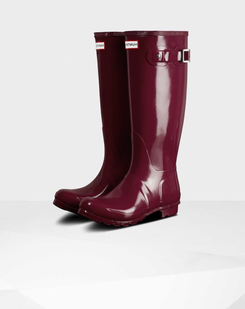 Women\'s Hunter Original Gloss Wellington Tall Rain Boots Burgundy | US3806195