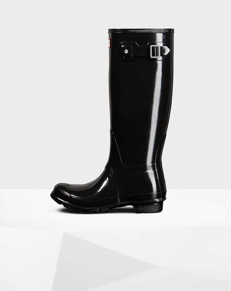 Women's Hunter Original Gloss Wellington Tall Rain Boots Black | US4105679