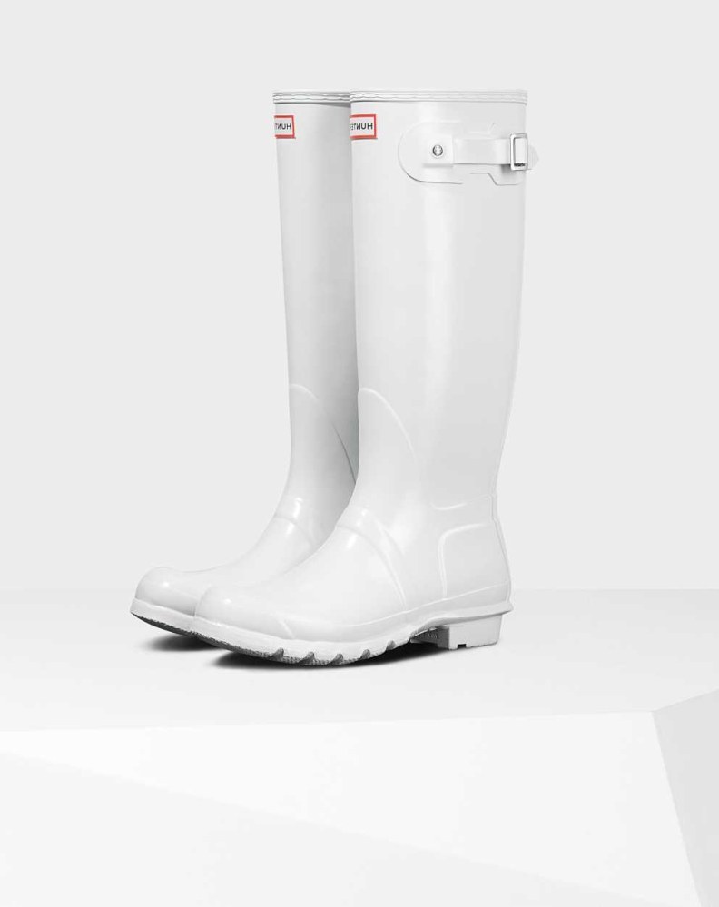 Women's Hunter Original Gloss Wellington Tall Rain Boots White | US4139602