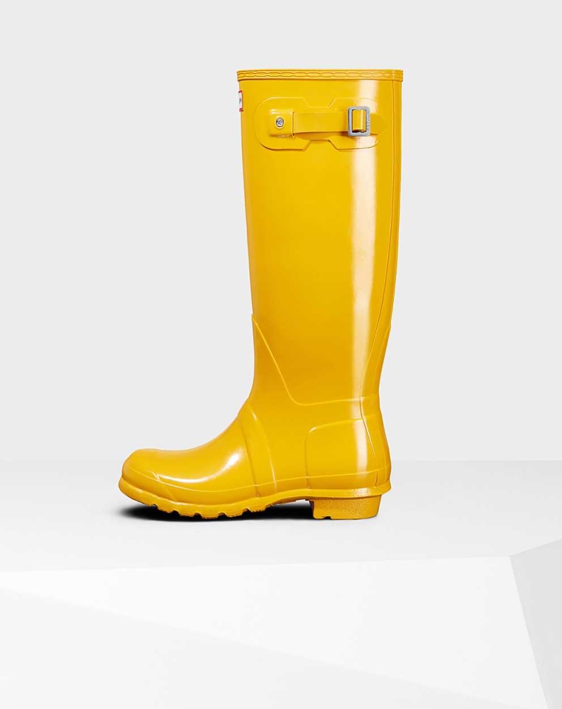 Women's Hunter Original Gloss Wellington Tall Rain Boots Yellow | US6459310