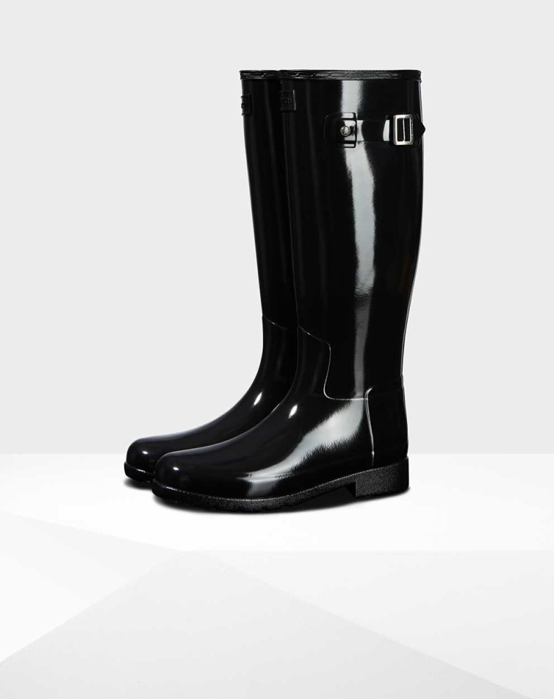 Women\'s Hunter Original Refined Gloss Wellington Tall Rain Boots Black | US0847956