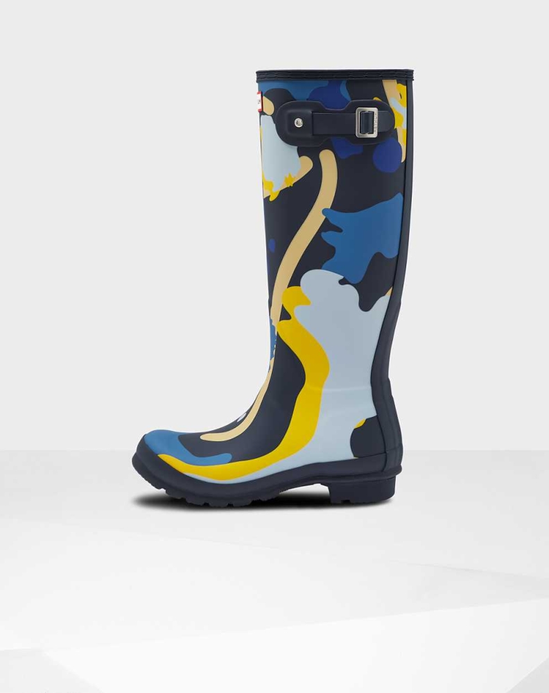 Women's Hunter Original Rockpool Camo Wellington Tall Rain Boots Navy | US6025947