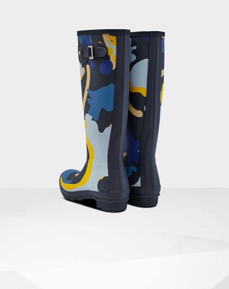 Women's Hunter Original Rockpool Camo Wellington Tall Rain Boots Navy | US6025947