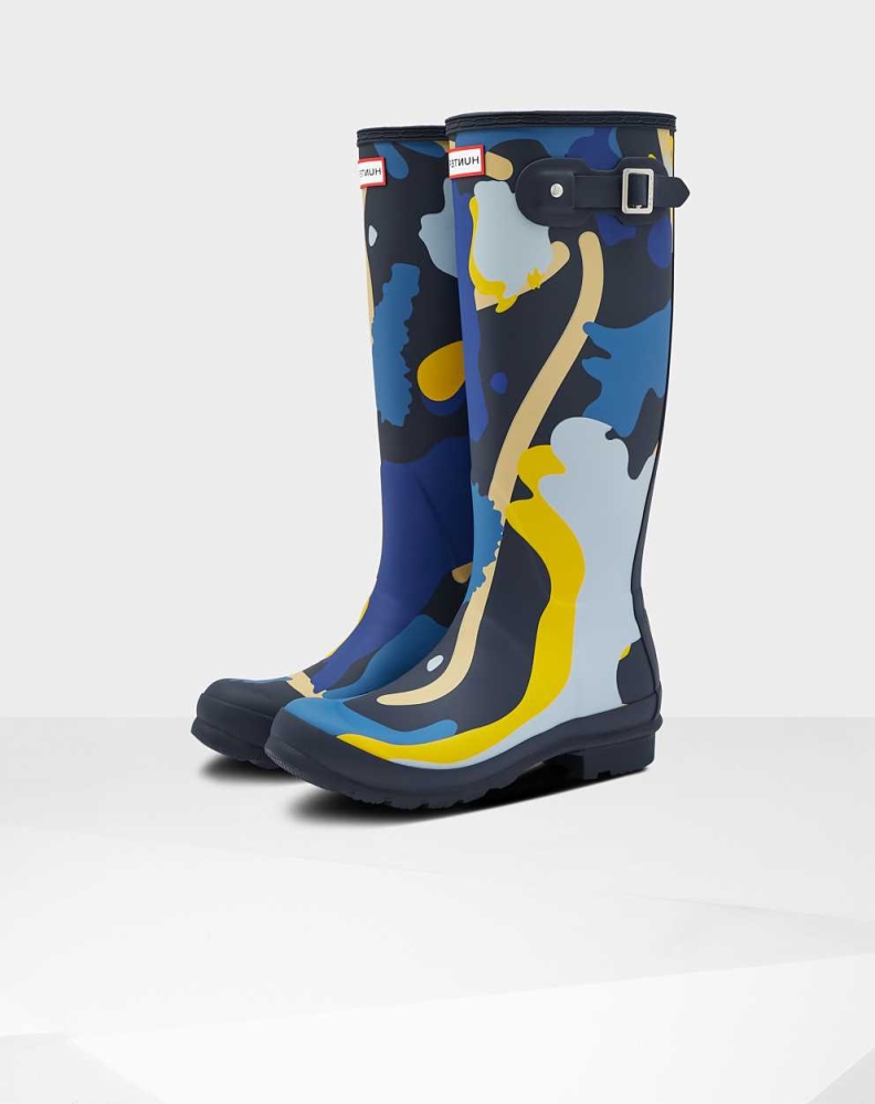 Women\'s Hunter Original Rockpool Camo Wellington Tall Rain Boots Navy | US6025947