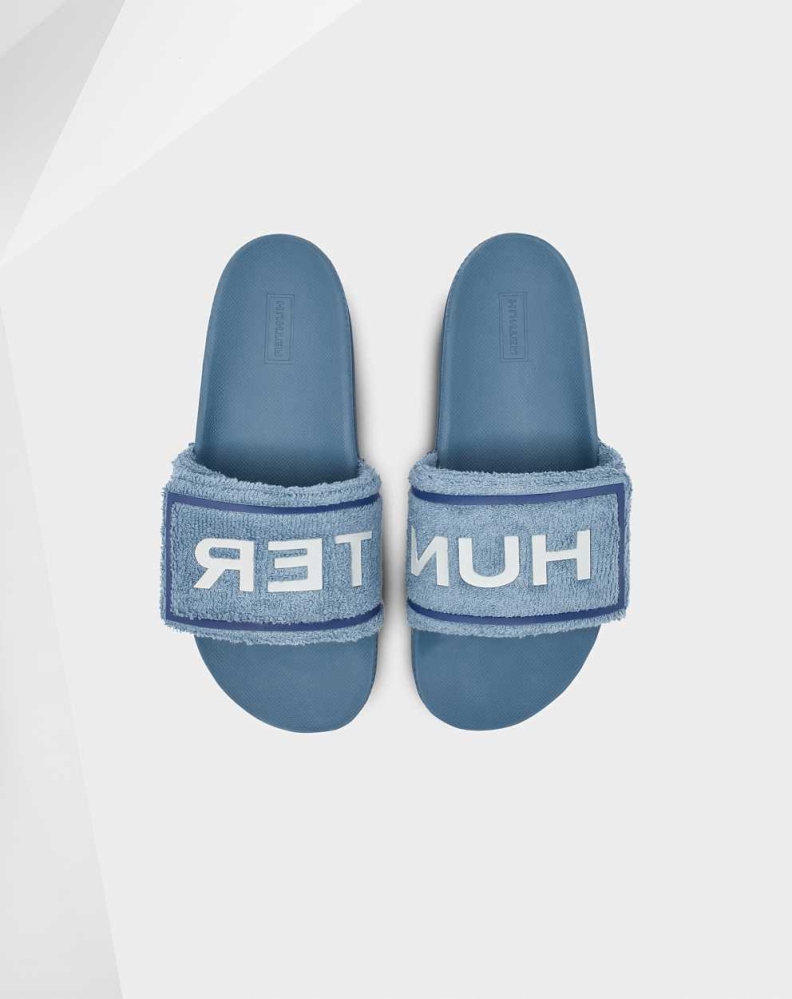 Women's Hunter Original Terry Towelling Logo Adjustable Slides Blue | US5628413