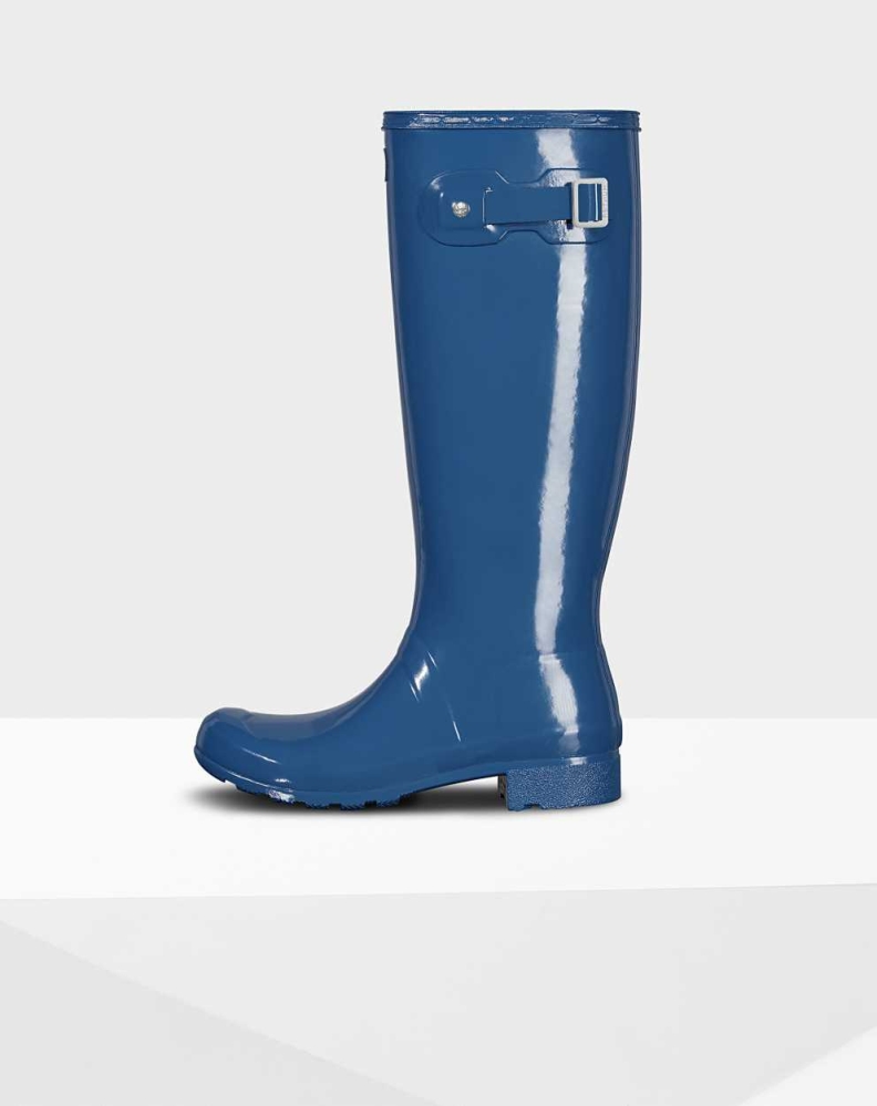 Women's Hunter Original Tour Foldable Gloss Wellington Tall Rain Boots Blue | US7310956