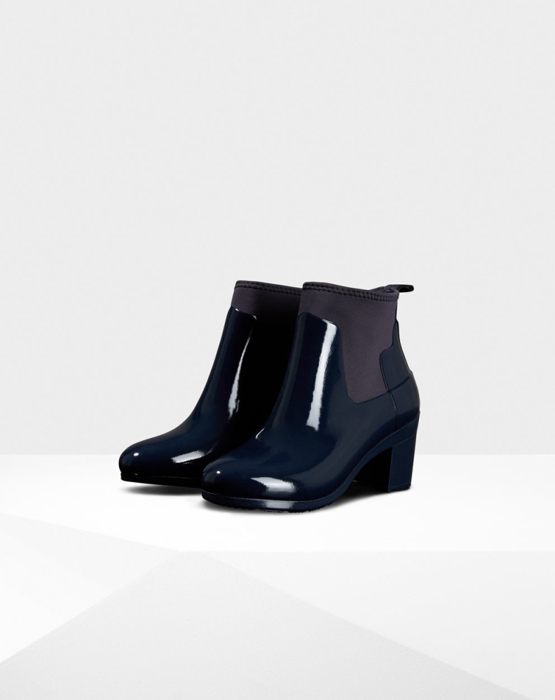 Women's Hunter Refined Slim Fit Gloss Mid Ankle Boots Navy | US5468729