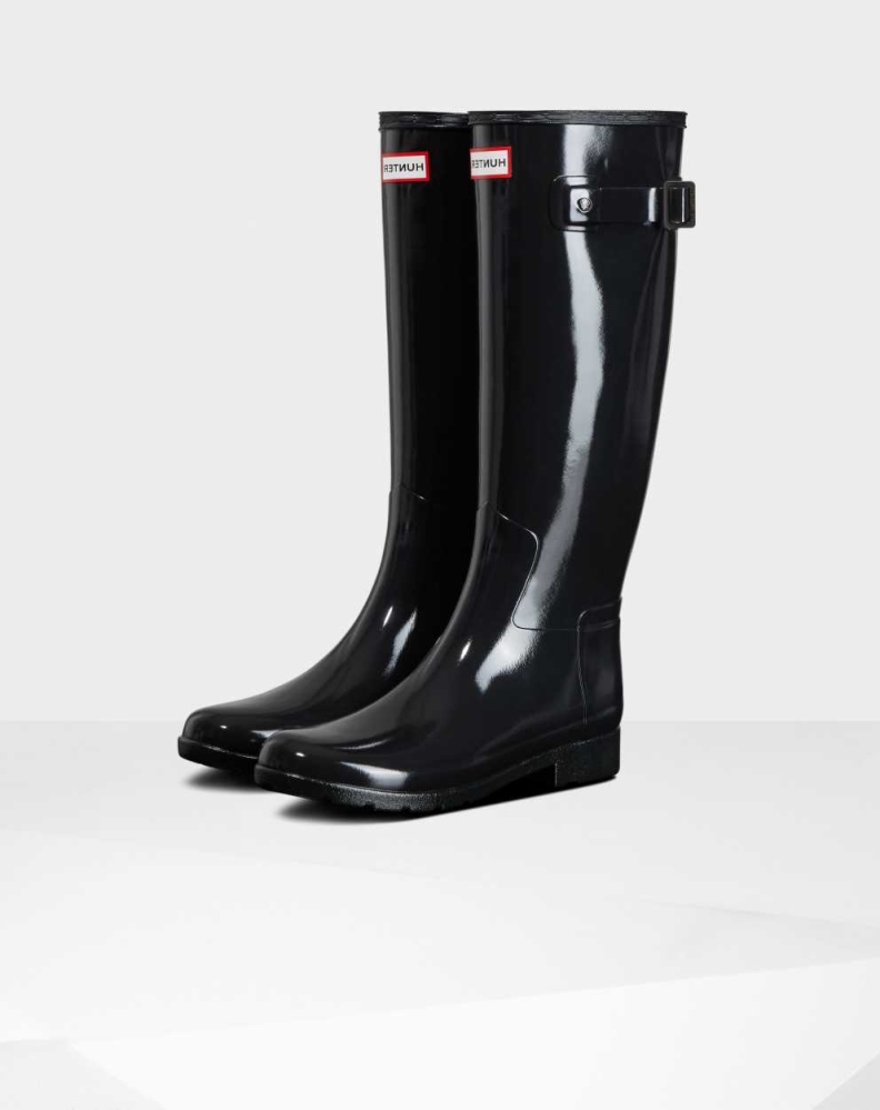 Women\'s Hunter Refined Slim Fit Gloss Wellington Tall Rain Boots Black | US3124659